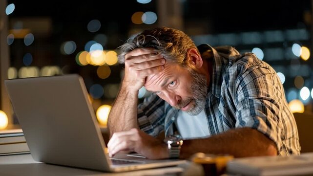 Overwhelmed at the Computer: A man struggles with work-related stress, captured at his desk at night, illuminated by the glow of his computer screen, showing his concern and weariness.