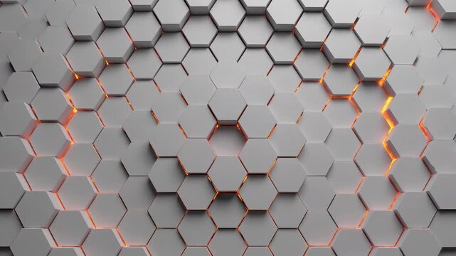 A sophisticated 3D abstract background featuring white geometric hexagonal tiles that create a complex grid structure with a centralized vibrant orange light source glowing from within the matrix.