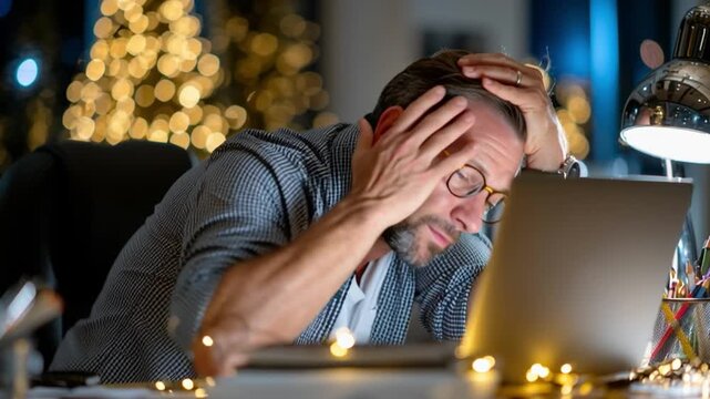 Workday Woes: A weary individual, illuminated by the glow of a laptop screen, finds himself overwhelmed by a multitude of challenges at the end of the day.
