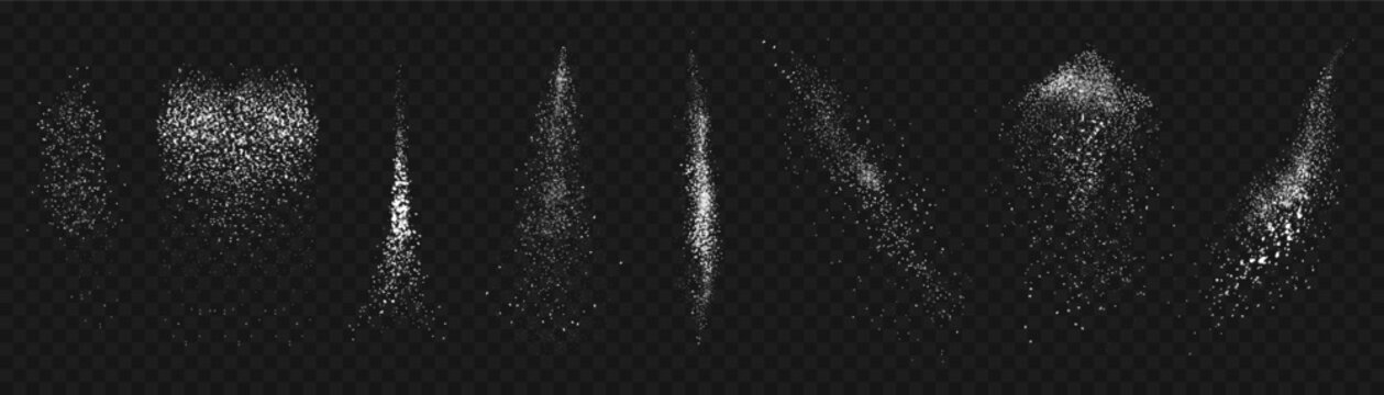 Sugar and salt powder. White flour or snow scattered texture, falling grains. Sea salt flying crystals, cooking seasoning. Chalk dust, detergent scattering. Vector 3D realistic isolated set