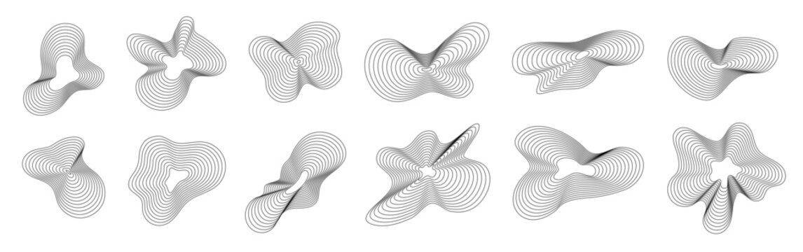 Dynamic wavy line shapes. Abstract organic amorphous wave shape with ripple, simple pattern fluid. Sound pulse graphic 3d spectrum. Digital spiral blob, black blend liquid effect. Vector set