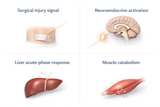 Photorealistic 3D medical infographic: Catabolism Consequences of Surgical Stress: clean diagram showing an injury/surgical site sending afferent sensory signals to hypothalamus&ndash;pituitary brain region