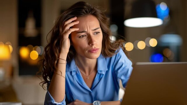 Pensive Concentration: A woman grapples with difficult circumstances, her brow furrowed in deep thought. The image is an intimate exploration of her mental state.