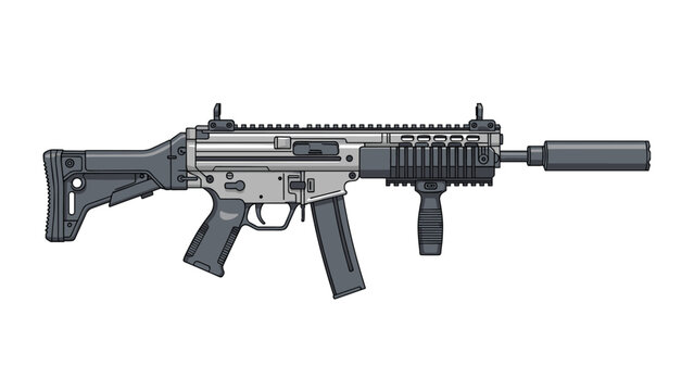 Modern tactical assault rifle with a silencer and vertical foregrip shown in a detailed pixel art style for military action games.