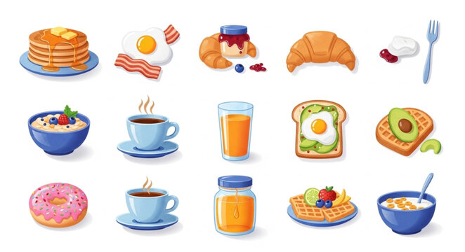 Collection of delicious breakfast food items and drinks.
