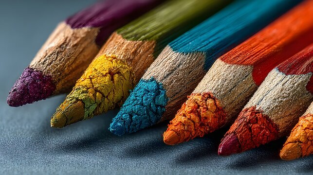 Vibrant colored pencils arranged in a diagonal rainbow gradient feature textured wood tips on a clean grey background under soft lighting.
