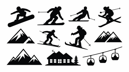 Skiing and snowboarding icons set with mountains lodge and chairlift black silhouettes on white background © Jayshri