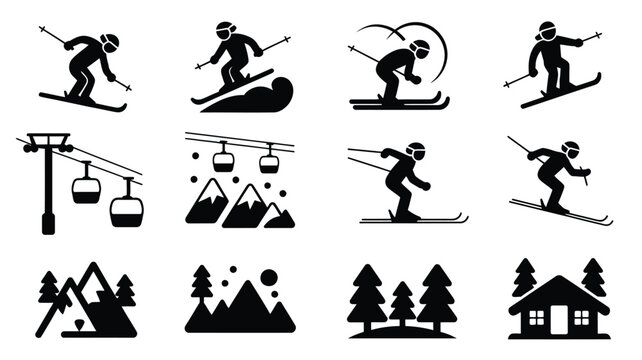 Black winter skiing icons set with silhouettes of skiers mountains trees and ski lifts on white background