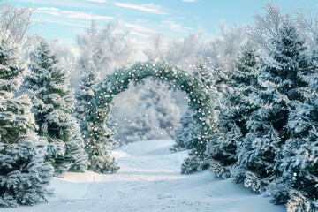 Snow-covered evergreen trees frame a festive wreath archway on a snowy path beneath a bright winter sky.