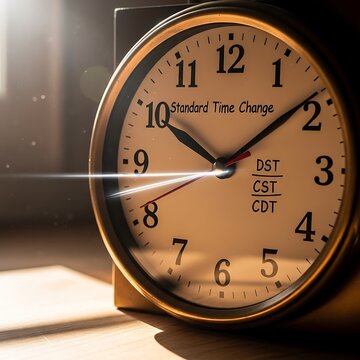 Clock showing standard time change, DST, CST, and CDT on its face.