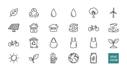 Naklejka premium Eco-Friendly Icon Set: A comprehensive collection of hand-drawn outline icons, symbolizing eco-friendly practices and sustainability. Each icon, from leaves to recycling symbols.
