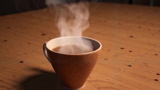 Steaming cup of coffee on a wooden table