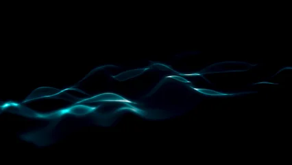 Fotobehang Fractal waves Futuristic glowing blue light waves flowing over a dark background, smooth abstract motion backdrop for technology, digital, and science visuals  © Phakhawat
