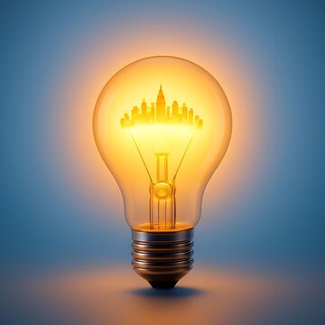 Incandescent Light Bulb with Cityscape Filaments Glowing Warmly