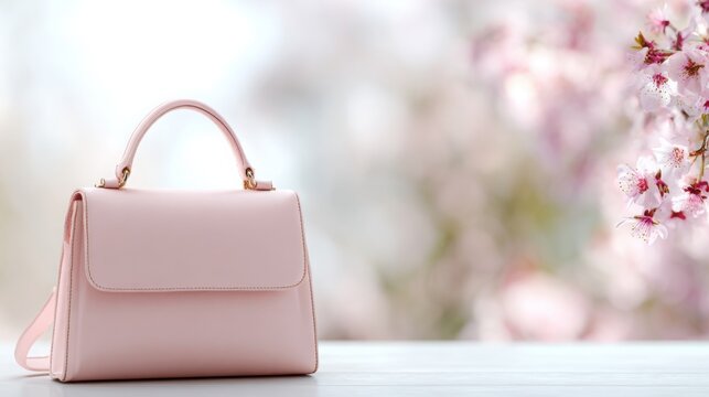 hyper realistic luxury pastel pink handbag with structured form, soft daylight, subtle spring floral background blur, refined feminine aesthetic