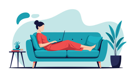 Obraz premium Woman wearing a red dress relaxing on a stylish turquoise sofa while working on her laptop in a modern minimalist living room setting.