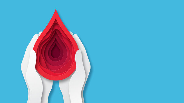 Paper Cut Hands Holding Red Blood Drop, The Concept of Blood Donation Awareness, Life-Saving Support, Hemophilia Patient Advocacy, and Medical Care Illustration for World Blood Donor Day Campaigns,