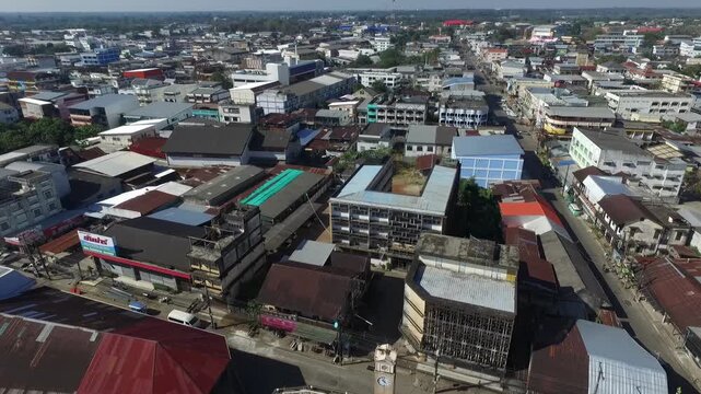 Aerial view of Nakhon Phanom city skyline along the Mekong River, Thailand.