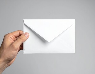 Fototapeta premium Clean, human hand gently holds a pristine, unmarked white paper envelope against a simple, solid light grey background, conveying themes of private communication and important correspondence