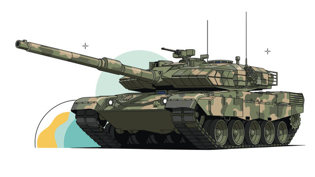 Main battle tank with a camouflage pattern and long cannon presented in a stylized illustration for military and defense concepts.
