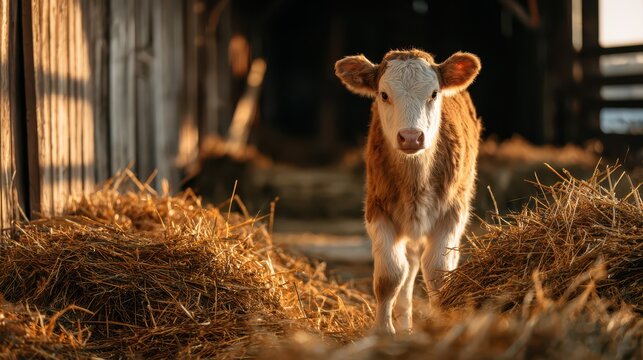 Wholesome farm scene featuring a curious calf with abundant hay and soft natural light