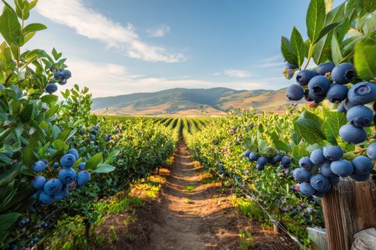 Wide-angle view of a lush blueberry orchard bathed in warm light
