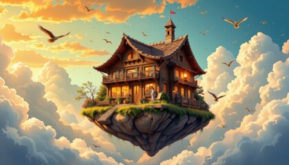 Whimsical Floating House Amidst Sunset