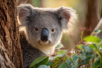 Fototapeta premium Young koala portrait in natural habitat, textured fur and serene mood