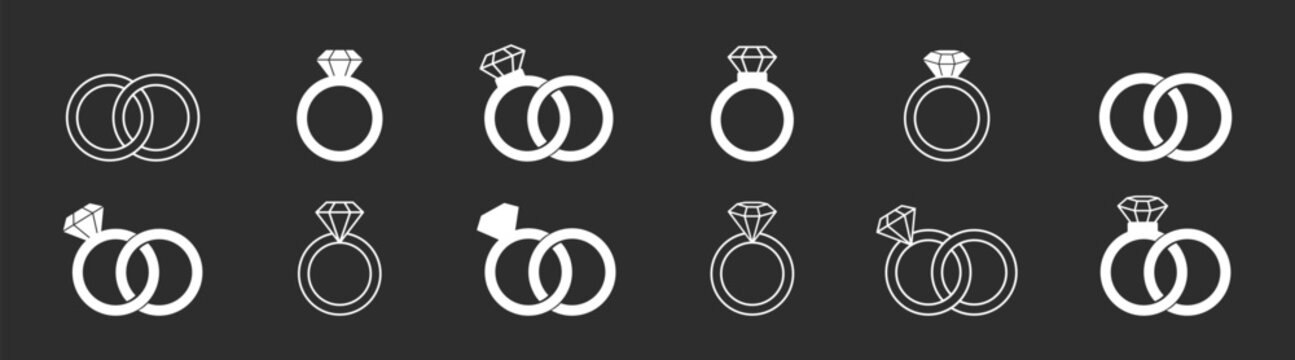 Engagement and wedding ring icon collection with diamond jewelry in elegant minimal outline style