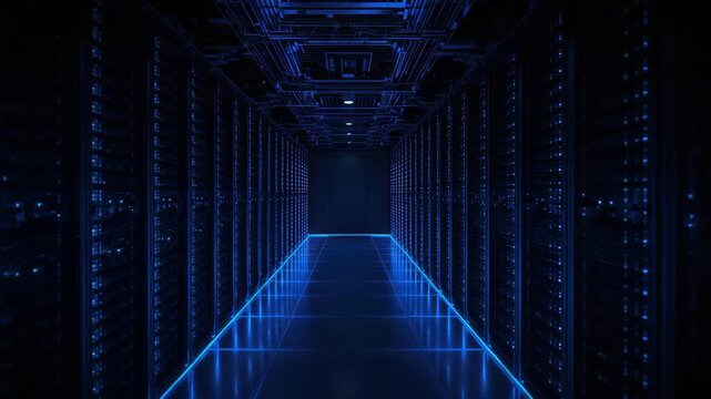 Blue server room corridor with glowing floor and racks in futuristic data center aisle ambiance