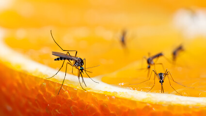 Naklejka premium Multiple mosquitoes are seen feeding on the exposed sugary flesh of a sliced orange.