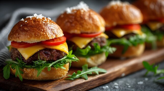 Mini slider burgers with tomato and cheese served on a wooden cutting board feature fresh herbs garnish against a blurred grey background.