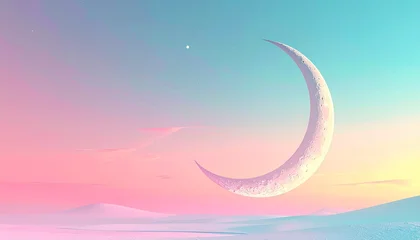 Fototapete Türkis Dreamy crescent moon illuminating a pastel-colored sky with a distant star and ethereal landscape  © Nurikhayulifatul