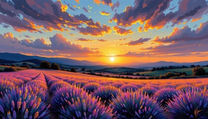 Serene Lavender Field Sunset Amid Rolling Hills