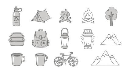 Camping Essentials Icon Set: A collection of camping essentials, featuring a tent, campfire, backpack, lantern, water bottle, and mountain illustration, perfect for outdoor and adventure themes. © Halima