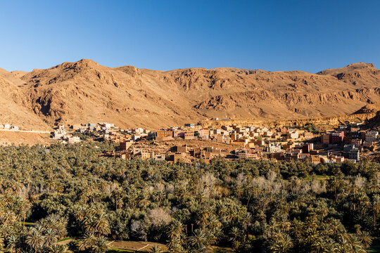 A wide shot shows a village nestled between a palm grove and a mountain range under a clear blue sky. Marrakech region,Morocco