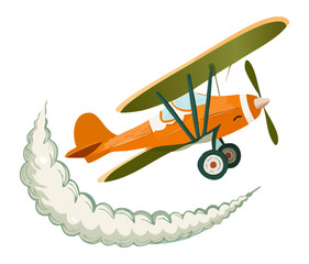 Vintage biplane aircraft transportation performing maneuvers in the sky with white smoke trails for aviation adventure lovers © firstcolor