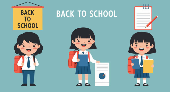 Happy Schoolgirls Vector for Back to School. Cute cartoon students in uniform with backpacks and books, ready for the start of the academic year and education enrollment.