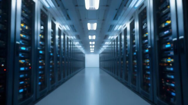 Data center aisle with server rack corridor, blue lighting technology network, futuristic calm mood