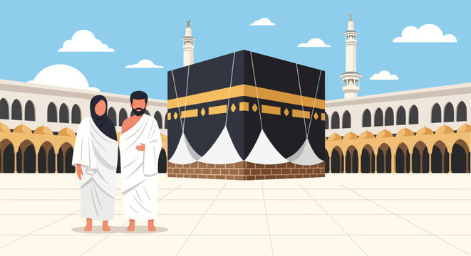 Hajj Pilgrimage: Muslim Couple in Ihram Garments Standing Near the Kaaba at Al-Masjid al-Haram Mosque in Mecca.