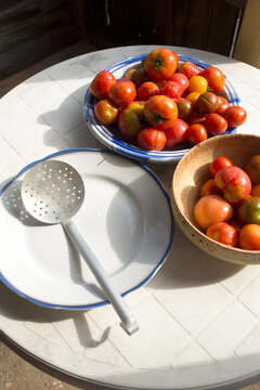 Fresh red tomatoes on plates on a white plastic table prepared for homemade sauce