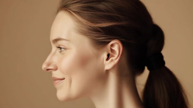 Young woman profile portrait smile soft natural light warm neutral background serene expression