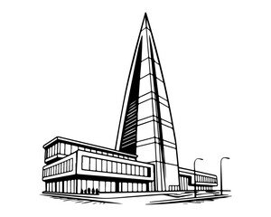 Fototapeta premium Black and White Line Art of Modern Skyscraper Building with Pointed Tower Icon
