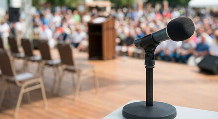 Microphone on podium with audience attending outdoor graduation ceremony  