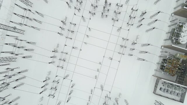 Overhead rotating drone shot reveals snow covered transformers, busbars, and insulators within an operating electrical switchyard.