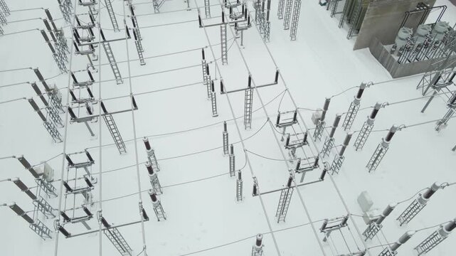 Drone orbit reveals frosted switchyard, post insulators, and transmission lines operating within a cold weather power grid.