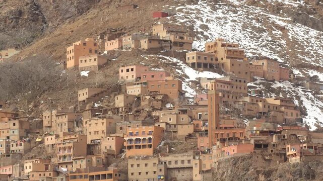 Close up of a set of Building on a Mountain in Imlil town. Toubkal National park.