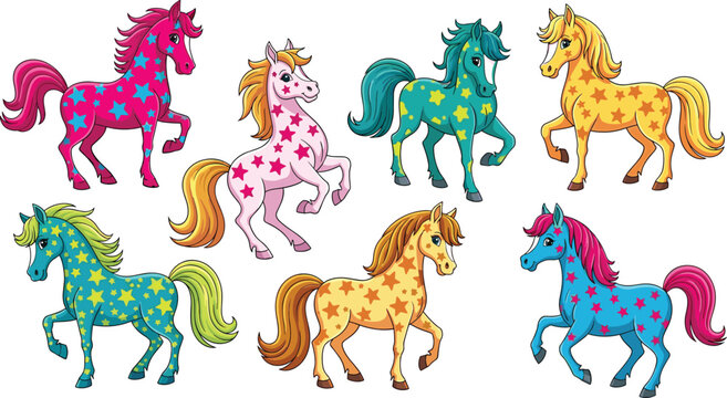 Cartoon unicorn characters, colorful fantasy illustration, magical star pattern artwork, children&rsquo;s design vector, cad drawing flat vector illustration, isolated whimsical graphic