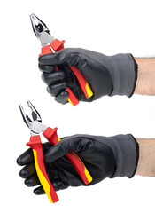 male hand in glove holding pliers, on white background