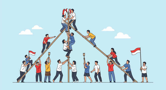Panjat Pinang: Indonesian Independence Day Celebration. People climbing the pole in a teamwork competition to reach the Merah Putih national flag.